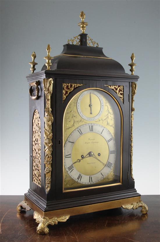 French, Royal Exchange London. A Victorian brass mounted ebonised bracket clock, 26in.